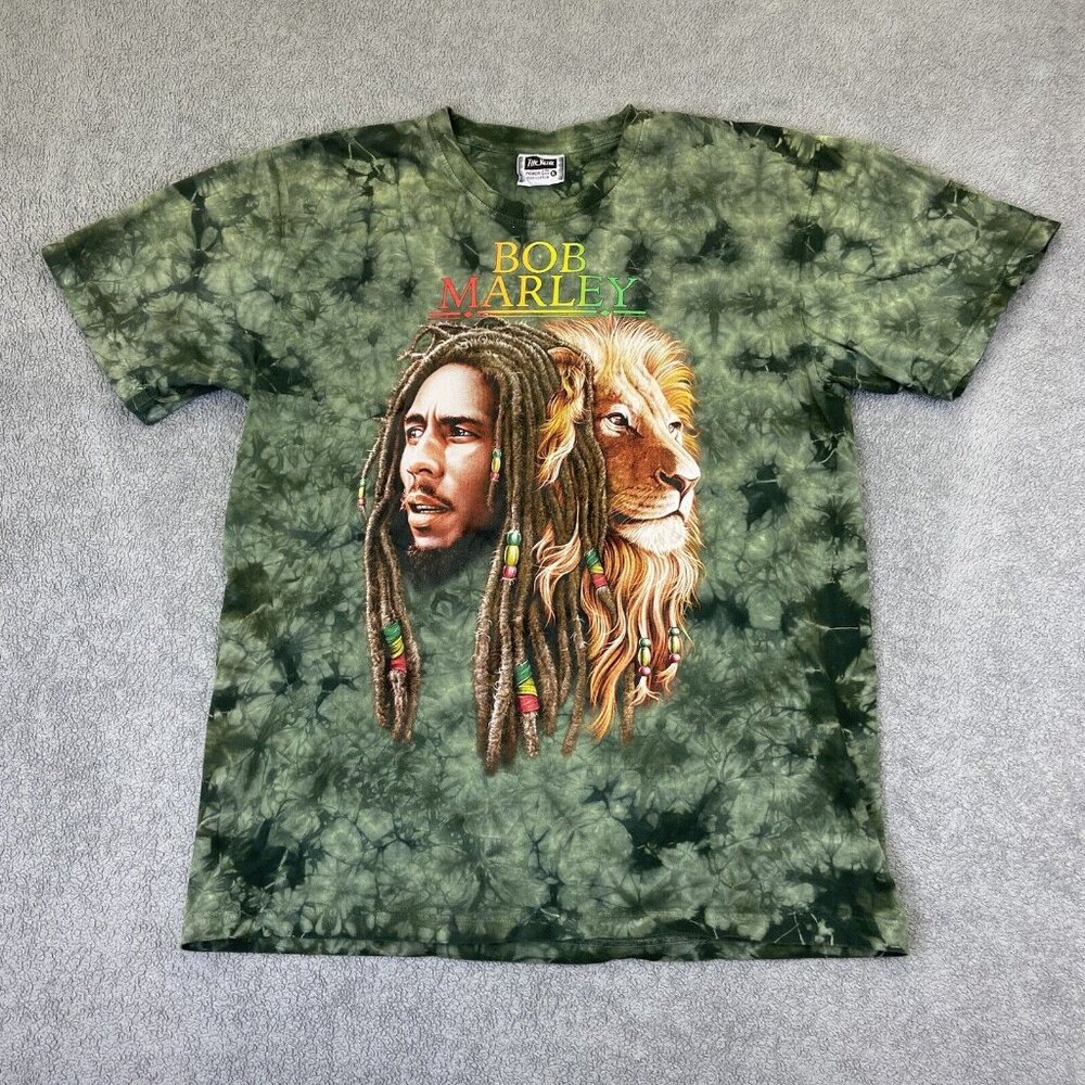 Bob Marley T Shirt XL Green The Roxx Double Sided Tie‎ Dye Lion